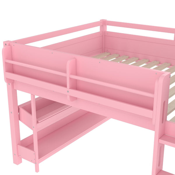 English Elm Twin Low Loft Bed Solid Pine Frame Kids Study Desk Blackboard Storage White Pink W1580S00300