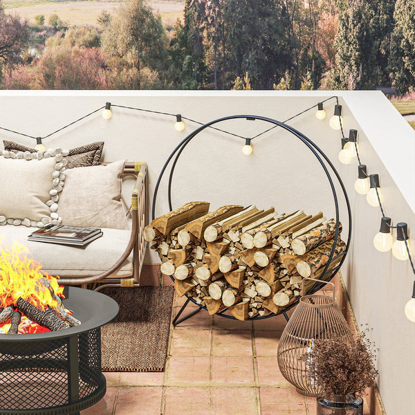 English Elm Outsunny 40" Firewood Rack with Waterproof Zipper Cover, Heavy-Duty 220lb Log Hoop for Indoor/Outdoor W2225P229255