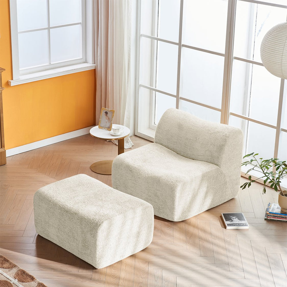 English Elm Ultra-Comfortable Velvet Compressed Foam Sofa Chair with Ottoman and Pillow — Space-Saving Lounge Solution Beige W1765P342022