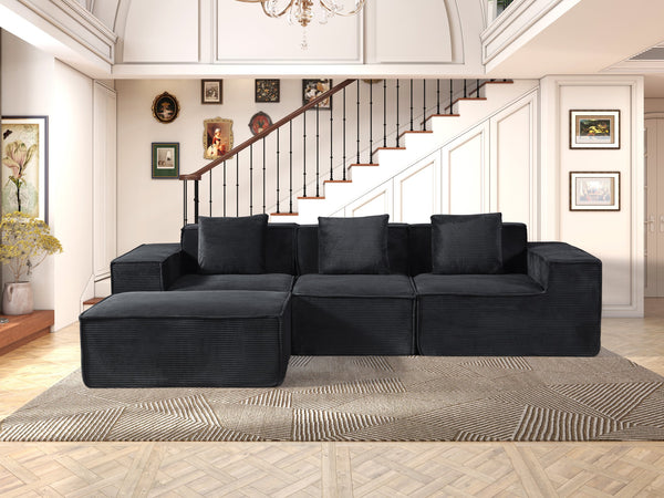 English Elm CozyForm Corduroy Convertible Sectional Sofa with Ottoman and Pillows, Modular L‑Shape Sleeper Comfort Black B2735S00031