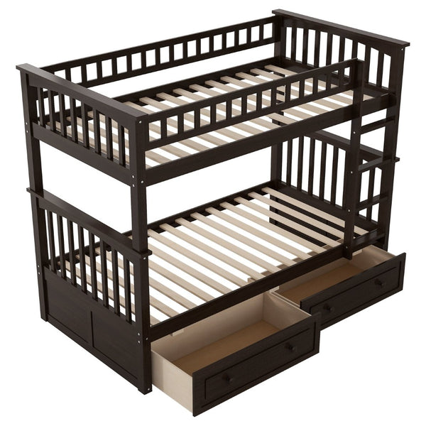 English Elm Twin Over Solid Pine Bunk Bed with Rolling Drawers and Convertible Platform GX000240AAP