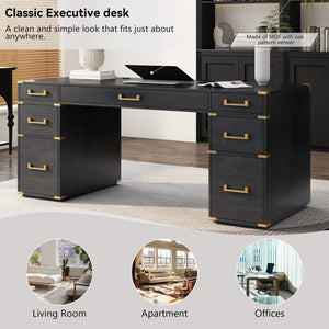 English Elm 70" Executive Writing Desk with Gold Metal Trim Seven Drawers and Built-in Power Outlets N751S376579B