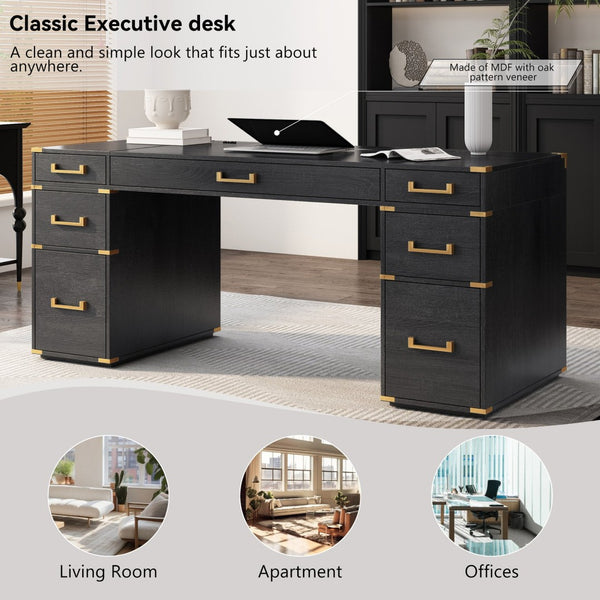 English Elm 70" Executive Writing Desk with Gold Metal Trim Seven Drawers and Built-in Power Outlets N751S376579B