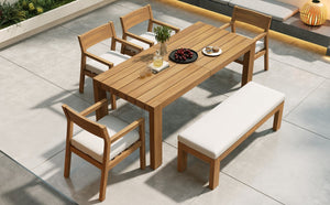 English Elm Trexm Outdoor Acacia Wood Dining Set Seats Six with Umbrella Hole and Cushioned Bench Beige,Light Teak TM000028AAD