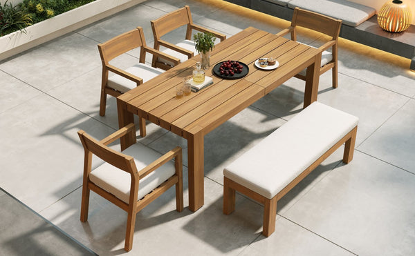 English Elm Trexm Outdoor Acacia Wood Dining Set Seats Six with Umbrella Hole and Cushioned Bench Beige,Light Teak TM000028AAD