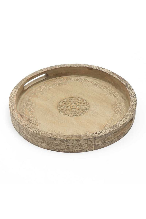 English Elm Round Mango Wood Serving Tray — 18" Natural Rustic Centerpiece for Entertaining, Durable Style B346P356168