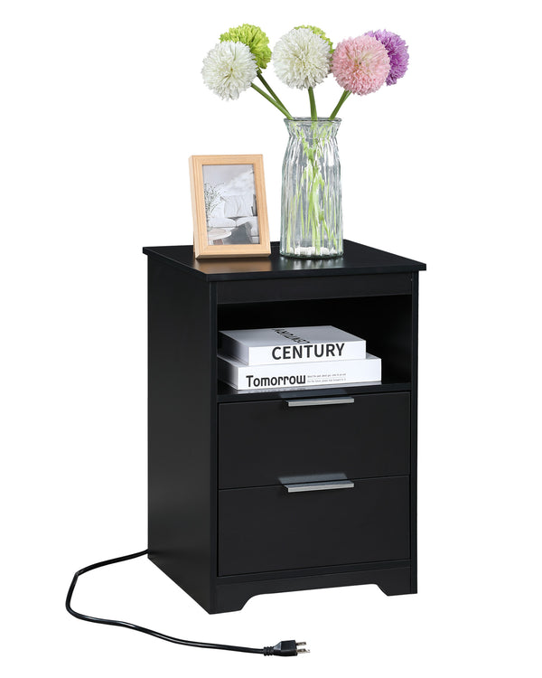 English Elm Nightstand with Drawer | 3-Tier Modern Bedside Table with Hidden Drawer, Open Shelves, Sturdy Build Black 25.9 L x 16.7 W x 5.5 H W3151P345809