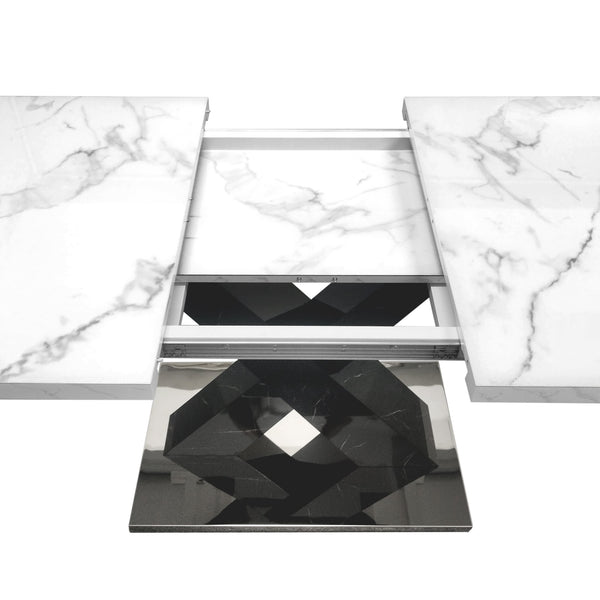 English Elm Modern Rectangle Dining Table - Stretchable White Marble Top With Black X-Leg Design For Stylish Dining W757P242764
