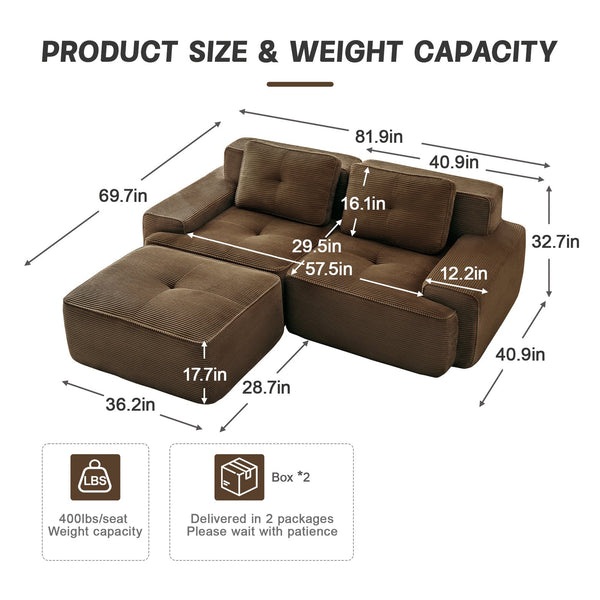 English Elm 82" Modern L-Shaped Modular Sectional Sofa — Brown Corduroy, Deep Seats, Movable Ottoman, No Assembly W714S01501
