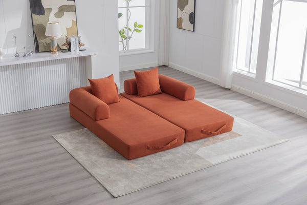 English Elm UNITED modular foldable sofa with metal frame, corduroy upholstery, side pocket & quick assembly convenience Orange W1568P374079