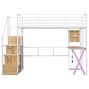 English Elm Twin Metal Loft Bed with Desk, Wardrobe & LED Lighting — Space-Saving Twin Loft with Storage Staircase GX000662AAK