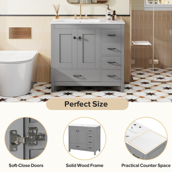 English Elm 36" Gray Bathroom Vanity with Ceramic Sink, 5 Drawers & Soft-Close Doors, Solid Wood Modern Storage N729P183735E