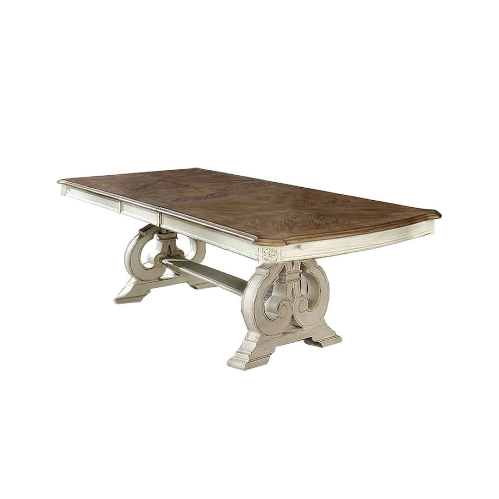 English Elm Dining Table with Expansion Leaf Solid Wood Trestle Base Hand Carved Traditional Style Antique White B2741S00888