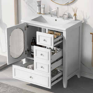 English Elm 30" Bathroom Vanity With Sink, Bathroom Vanity Cabinet With Three Drawers and Door, Solid Wood and Mdf, White