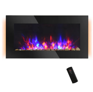 English Elm Wall Mounted Electric Fireplace Matte Black with Seven Flame Colors and Pebble Bed T3971P416194