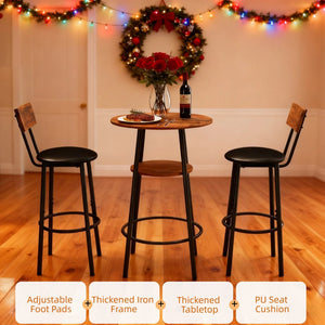 English Elm 3 Piece Bar Height Dining Set with Two Tier Storage and Pu Upholstered Stools Rustic W3204P428254