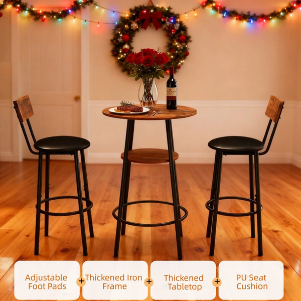 English Elm 3 Piece Bar Height Dining Set with Two Tier Storage and Pu Upholstered Stools Rustic W3204P428254