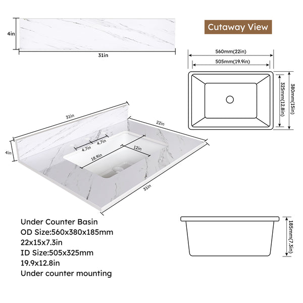 English Elm 31 Inch Marble Vanity Top - Bianco Carrara Venato - Durable Sintered Stone With Undermount Sink & Backsplash W2700P194073