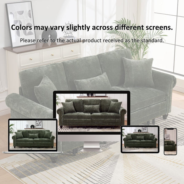English Elm 86" Chenille Sleeper Sofa with Nailhead Rolled Arms Three Seat Convertible for Any Room Green W3373S00088