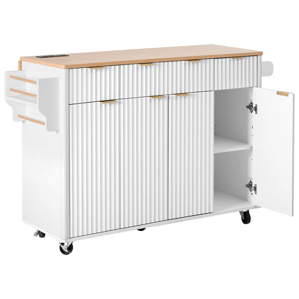 English Elm K&k Fluted Rolling Kitchen Island Faux Marble Top Power Outlet Storage Drawers White N707P353945W