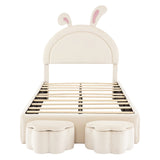 English Elm Twin Size Upholstered Rabbit-Shape Bed With 2 Storage Stools, Velvet Platform Bed With Cartoon Ears Shaped Headboard, White