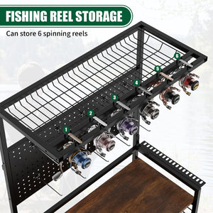 English Elm Fishing Rod Rack Rolling Organizer with Pegboard Multi-tier Metal Stand Lockable Wheels W3190P404246