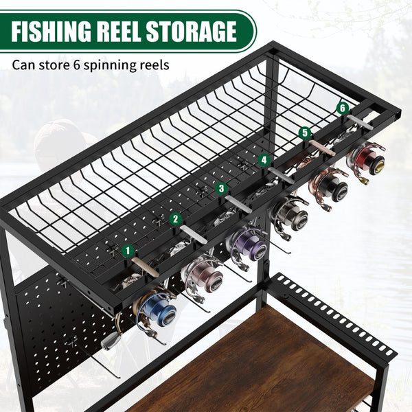 English Elm Fishing Rod Rack Rolling Organizer with Pegboard Multi-tier Metal Stand Lockable Wheels W3190P404246