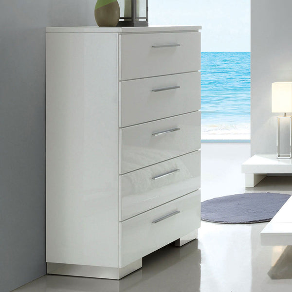 English Elm Modern High Gloss White Chest 5 Drawers 31"W x 17.75"D x 51"H — Contemporary Storage, Easy Assembly B2741P368137