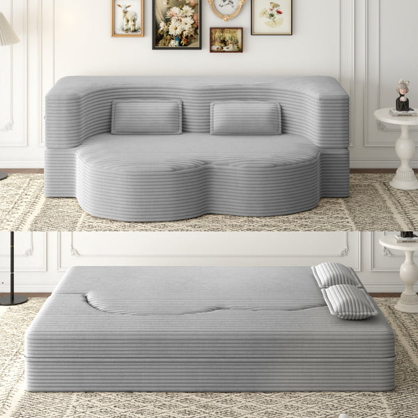 English Elm Modern Full Size Folding Sofa Bed with Plush Corduroy, 2 Pillows, 15" Foam Mattress, No Assembly Required LIGHT GREY W1885P347082