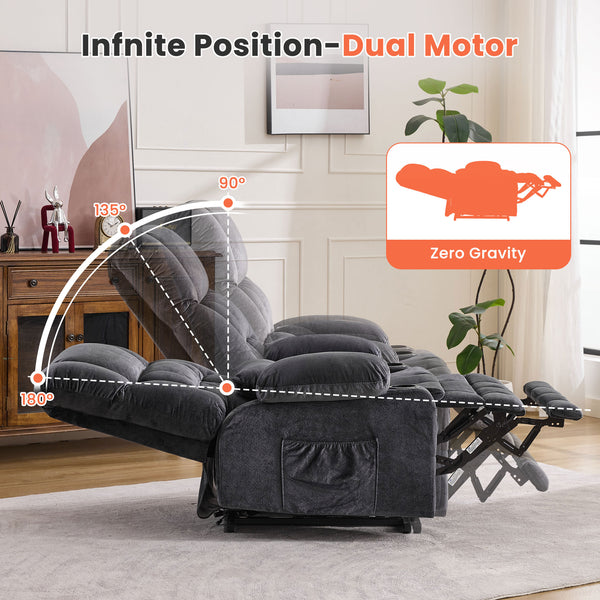 English Elm Dual Motor Large Power Lift Recliner Chair with Waist Kneading & Heat, Extended Footrest, USB Ports Grey W1521S00072
