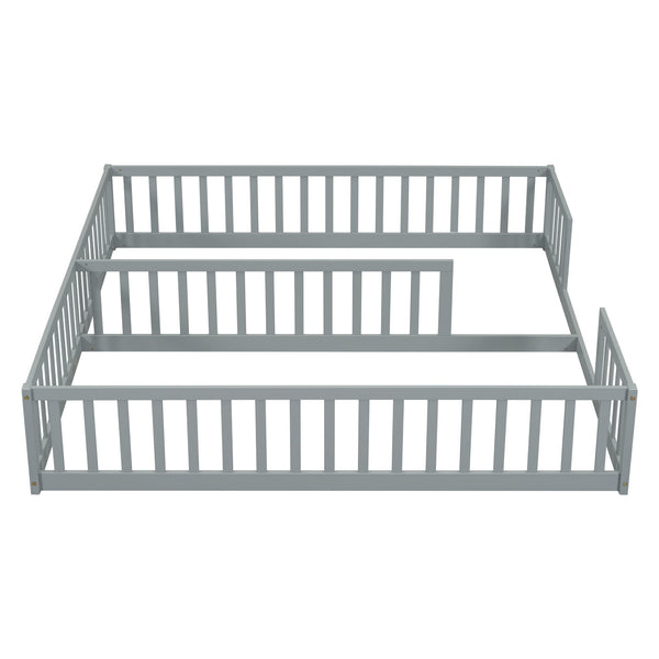 English Elm Double Twin Floor Bed With Safety Guardrails – Modern Grey, Compact Design For Shared Spaces! W504P143285