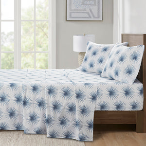 JLA Home Madison Park Essentials - Sheet Cotton Percale Sheet Set — Breathable, OEKO-TEX Certified, Cool-Feel Printed Design for Comfort Blue Palmetto MPE20-1042