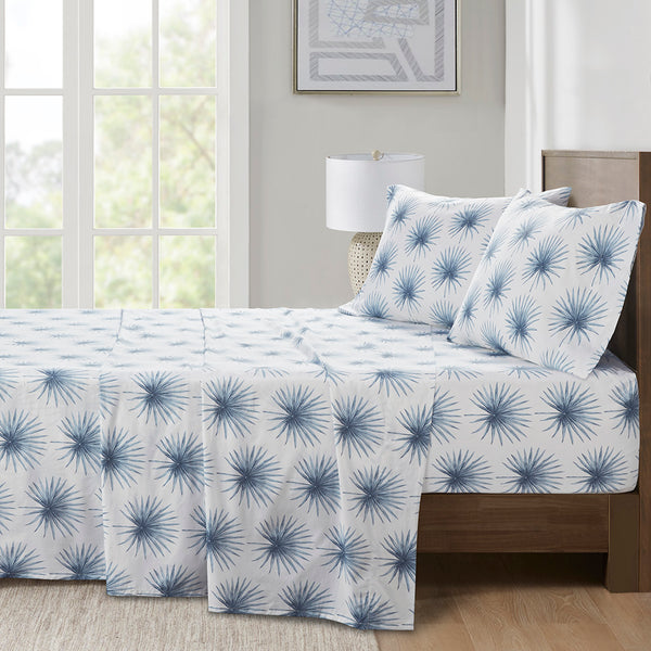 JLA Home Madison Park Essentials - Sheet 100% Cotton Percale Printed Set — Breathable, OEKO‑TEX Certified, Ultra‑Soft, Deep‑Pocket Fit Blue Palmetto MPE20-1043