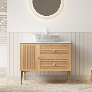 English Elm Dina Floating Bathroom Vanity Sintered Stone Top Glass Basin Striped Plywood Cabinet W2615S00468
