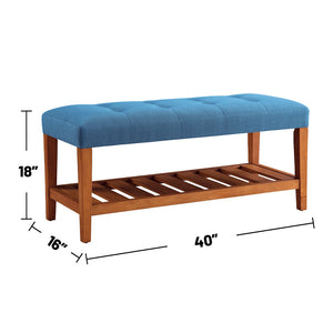 English Elm Fabric Upholstered Bench with Tufted Padded Seat, Open Lower Shelf, Tapered Wood Legs, 43"L Blue,Oak B016P311078