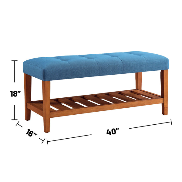 English Elm Fabric Upholstered Bench with Tufted Padded Seat, Open Lower Shelf, Tapered Wood Legs, 43"L Blue,Oak B016P311078