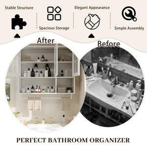 English Elm Bathroom Wall Cabinet with 3 Doors and Glass Panel, MDF Storage Cabinet with Towel Bar, Modern 35.6"L x 10.2"W x 32.5"H White W757P329727