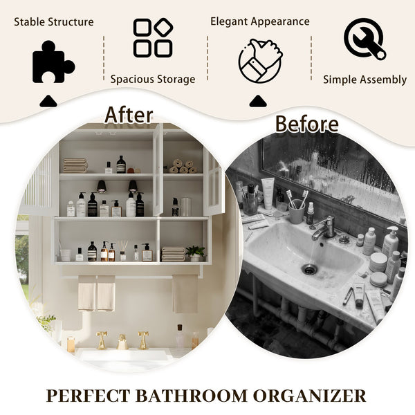 English Elm Bathroom Wall Cabinet with 3 Doors and Glass Panel, MDF Storage Cabinet with Towel Bar, Modern 35.6"L x 10.2"W x 32.5"H White W757P329727