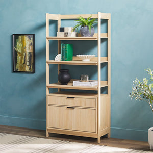English Elm Walker Edison - Transitional Wide Reeded Bookshelf with Drawers on Bottom for Home Office, Spacious Shelving & Storage Oak 75.25 L x 20.63 W x 7 H B185P200194