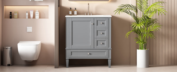 English Elm 30 30 Inch Bathroom Vanity with Ceramic Sink, Modern Compact 3-Drawer Storage Cabinet for Small Baths Grey N710P247499E