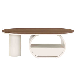 English Elm Luxury Oval Coffee Table with Drawer 47.24" — Sturdy White Metal Frame, Adjustable Feet, 110lb Capacity W821S00032
