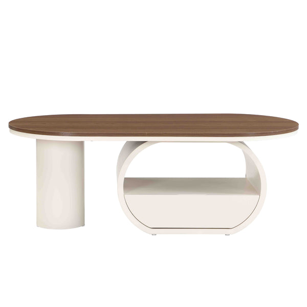 English Elm Luxury Oval Coffee Table with Drawer 47.24" — Sturdy White Metal Frame, Adjustable Feet, 110lb Capacity W821S00032