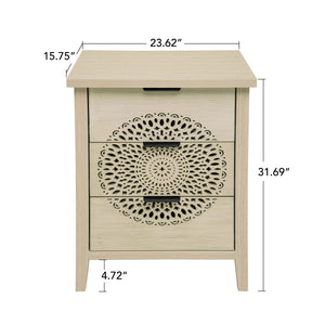 English Elm Hollow-Carved 3 Drawer Cabinet Dresser Storage Chest with Black Metal Handles, Anti-Tip Safety & Elegant Pattern (36.23x18.51x7.88) W688P223042