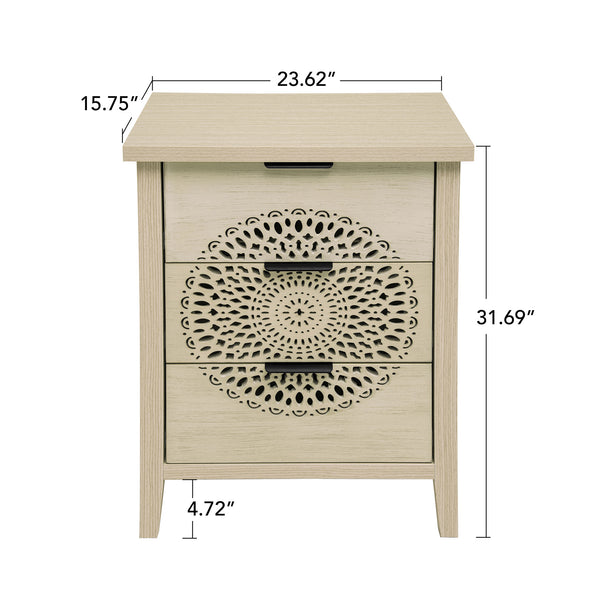 English Elm Hollow-Carved 3 Drawer Cabinet Dresser Storage Chest with Black Metal Handles, Anti-Tip Safety & Elegant Pattern (36.23x18.51x7.88) W688P223042