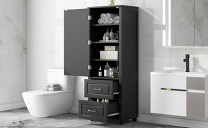 English Elm Tall Bathroom Storage Cabinet - Stylish Freestanding Unit With Two Drawers & Adjustable Shelf, Black N725P241045B-GIGA