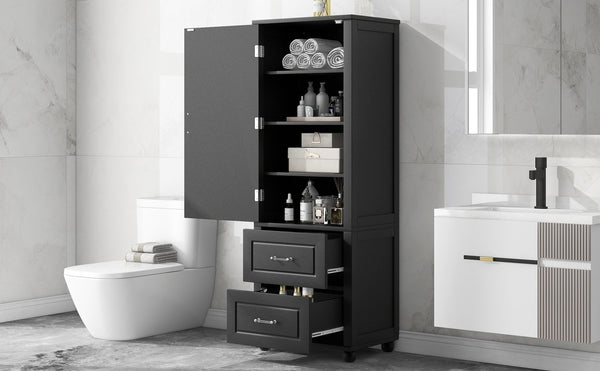 English Elm Tall Freestanding Bathroom Cabinet Two Drawers Adjustable Shelves Matte Mdf Storage Black N725P407739B