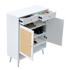 English Elm Modern white storage cabinet with vine rattan design, MDF shoe & bedside organizer, quick assembly, sleek decor W1151P151509