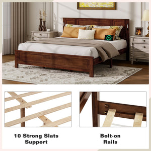 English Elm King Pine Wood Platform Bed with Led Lighting Usb Charging Tall Panel Headboard Walnut W504S00275