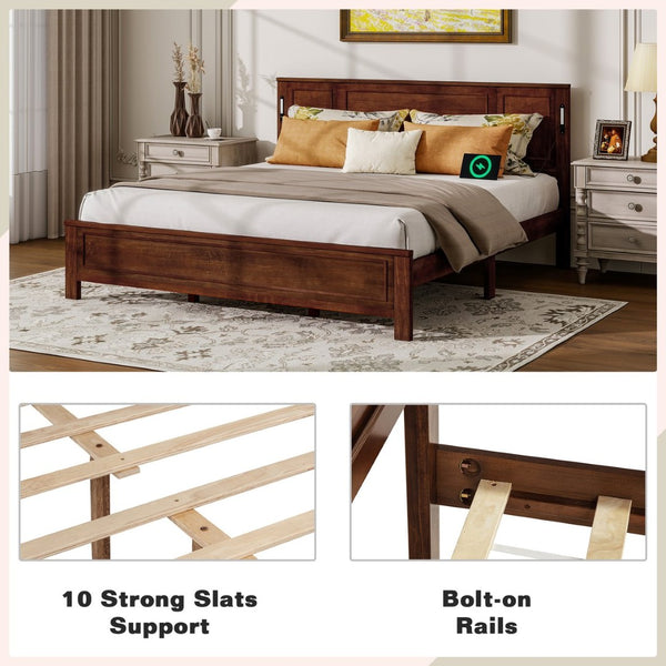 English Elm King Pine Wood Platform Bed with Led Lighting Usb Charging Tall Panel Headboard Walnut W504S00275