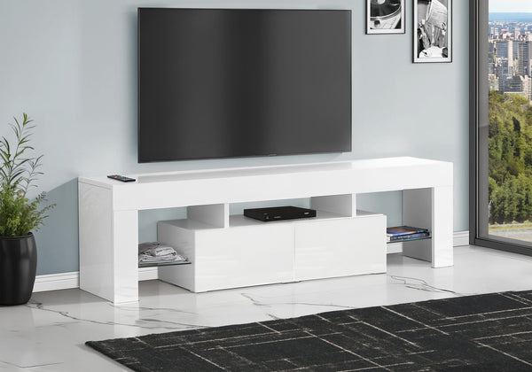English Elm Tv Stand 63 Inch Glossy White Console with Open Shelves & Dual Drawers, Modern MDF Media Center B2710P219331